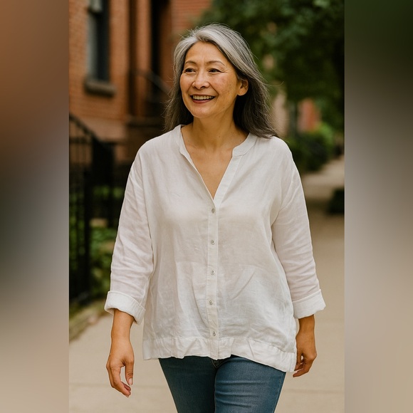 Eileen Fisher White Irish Linen Blouse 3/4 Sleeve. Covered Buttons. Women’s XL. - Picture 1 of 7